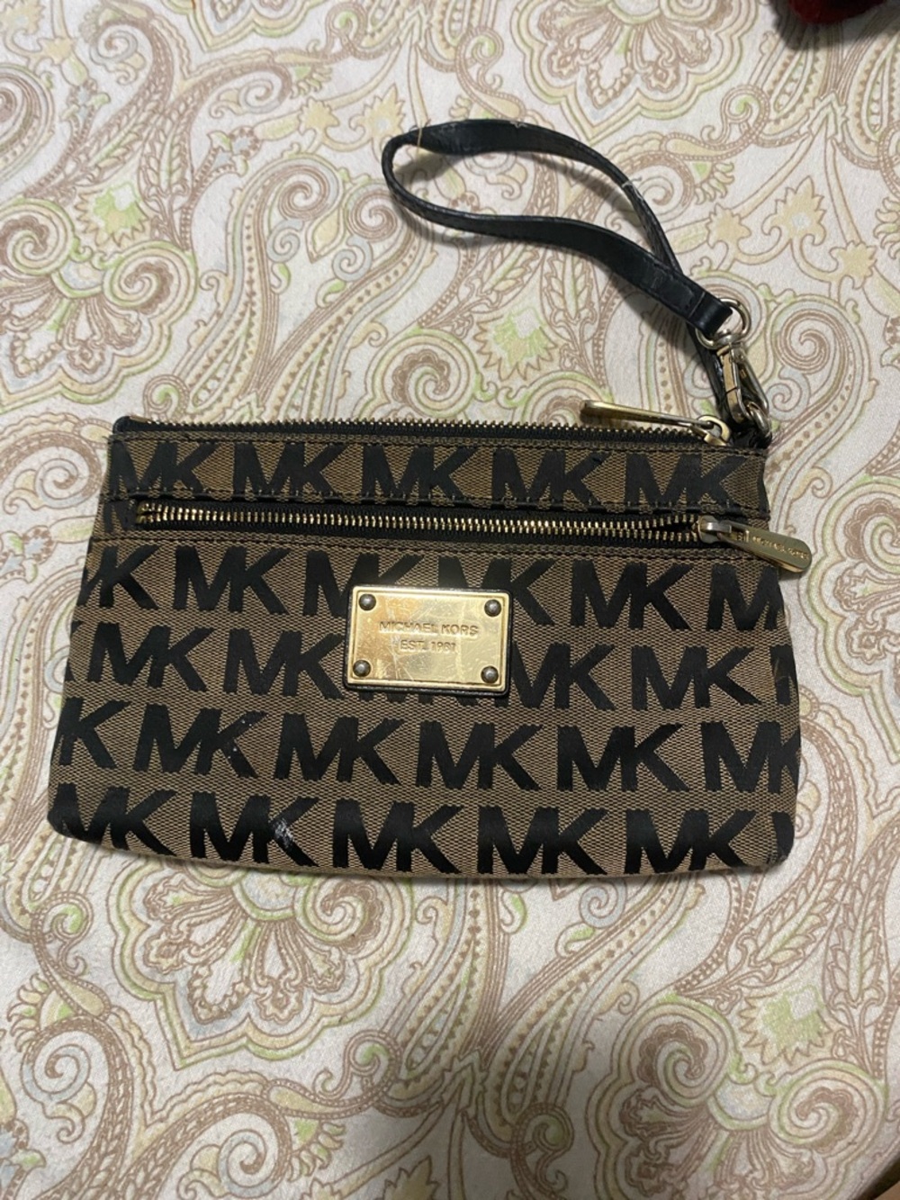 Michael Kors Brown and Black MK Logo Wristlet with Gold Plate